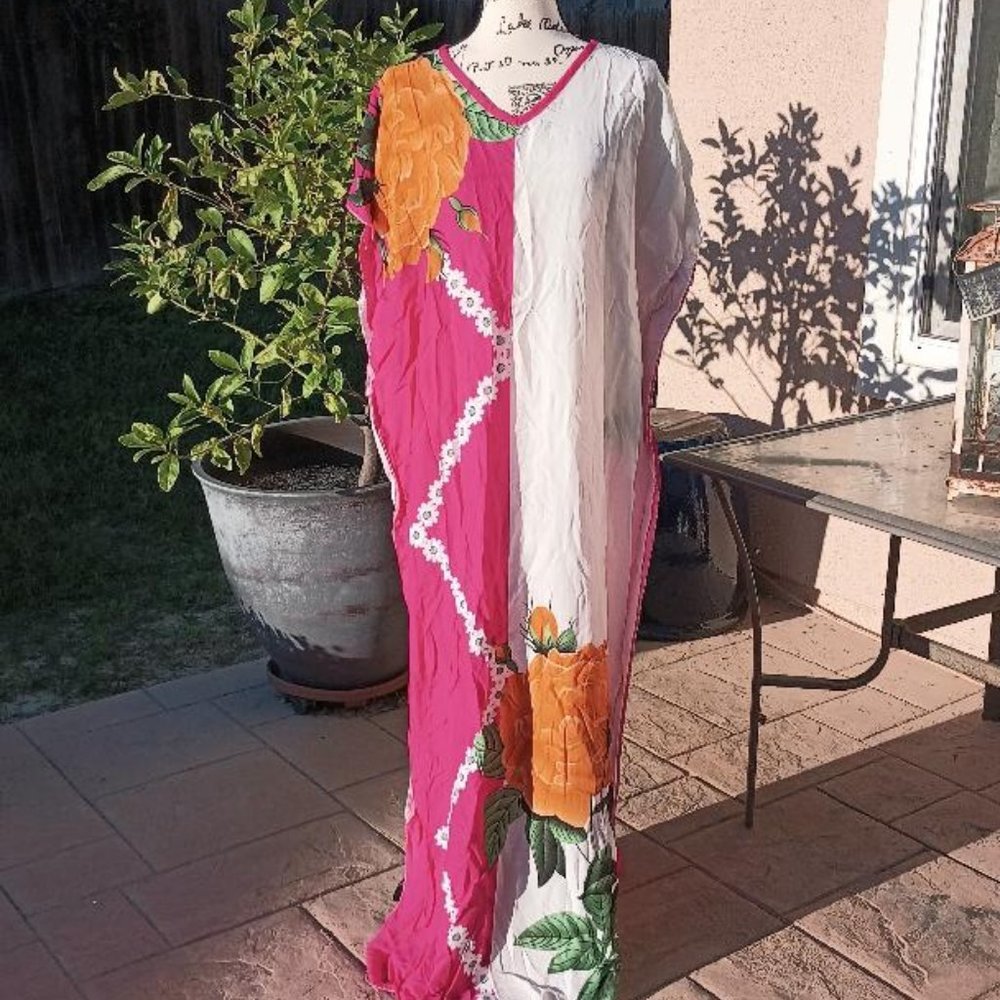Light Cotton Tropical Pink Floral Print Caftan Kaftan MuuMuu L XL 1X 2X 3X